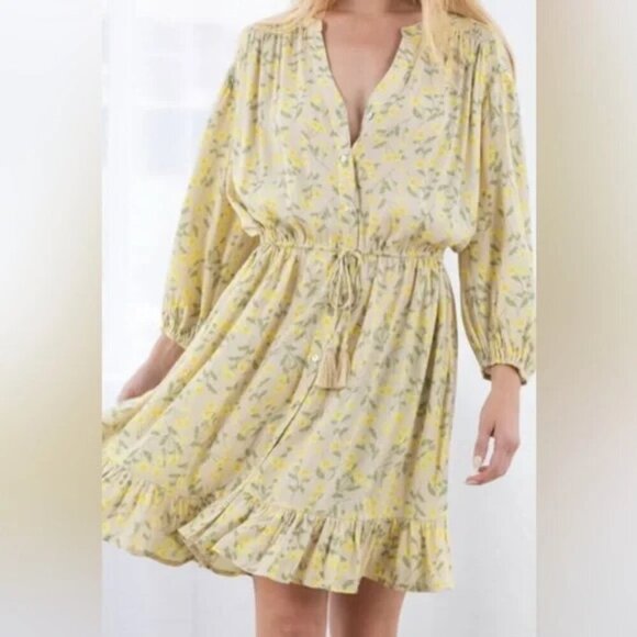 lovestitch Boho Long Sleeve Floral Yellow Mini Dress - Picture 3 of 5